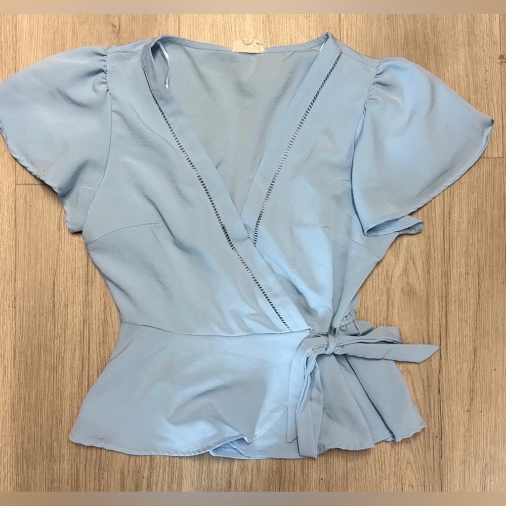 Light Blue Wrap Peplum Top - Women